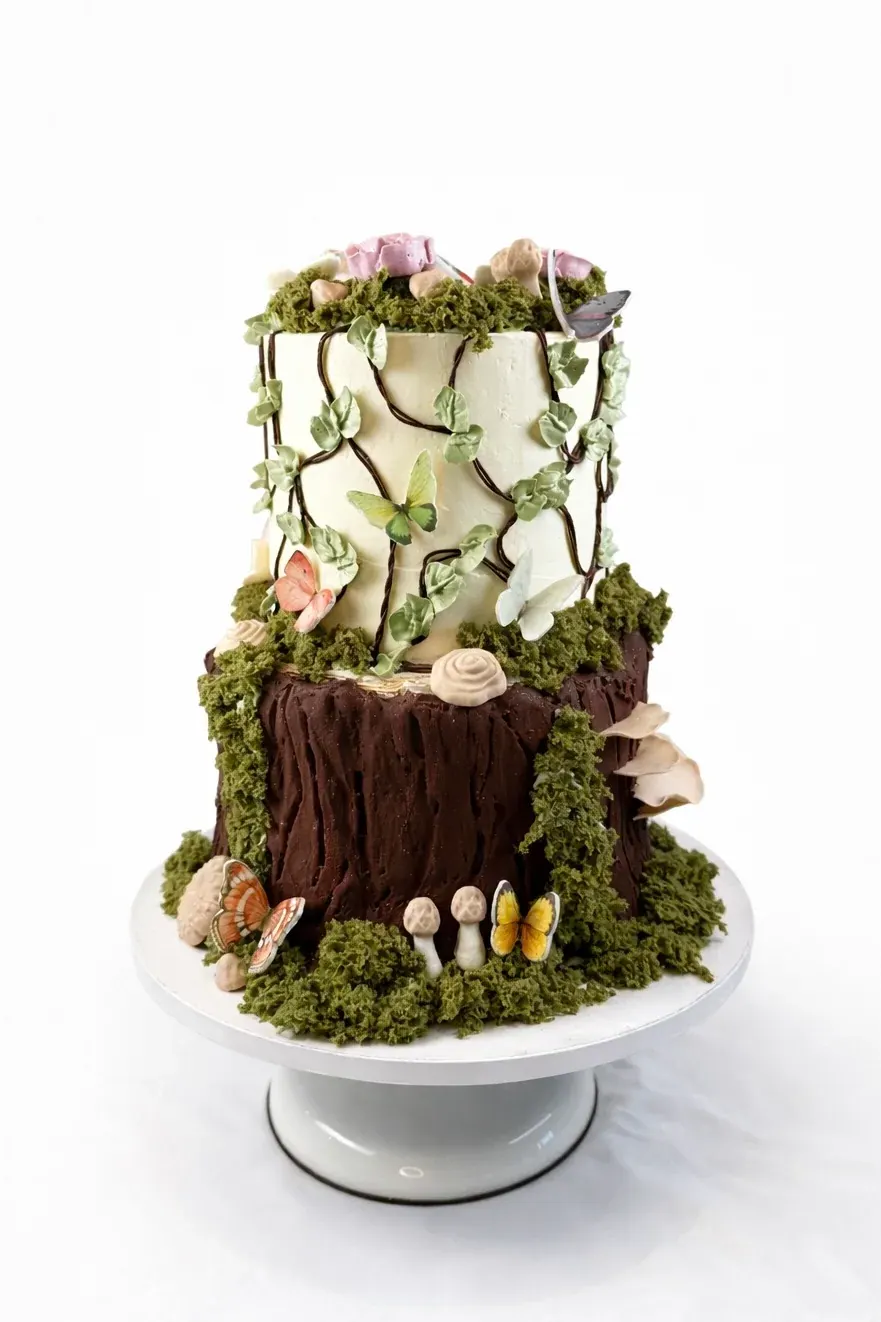 Two-tier enchanted forest cake with a bark-textured base, moss, vines, little mushrooms and butterflies